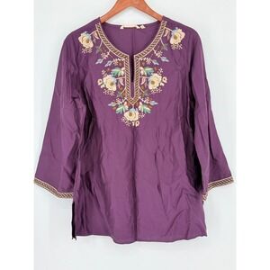 Soft Surroundings Boho Embroidered Beaded Tunic Top Womens Size M Purple Hippie